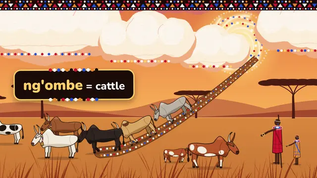 Illustrated cattle walking down a long beaded strip of leather from the sky toward a Maasai herder on the savanna, with the label ng'ombe equals cattle.