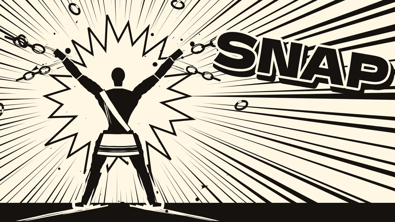 Ink comic of Fumo Liyongo seen from behind, arms flung up as the chains on his wrists burst apart in a starburst, with the word SNAP in bold letters beside him.