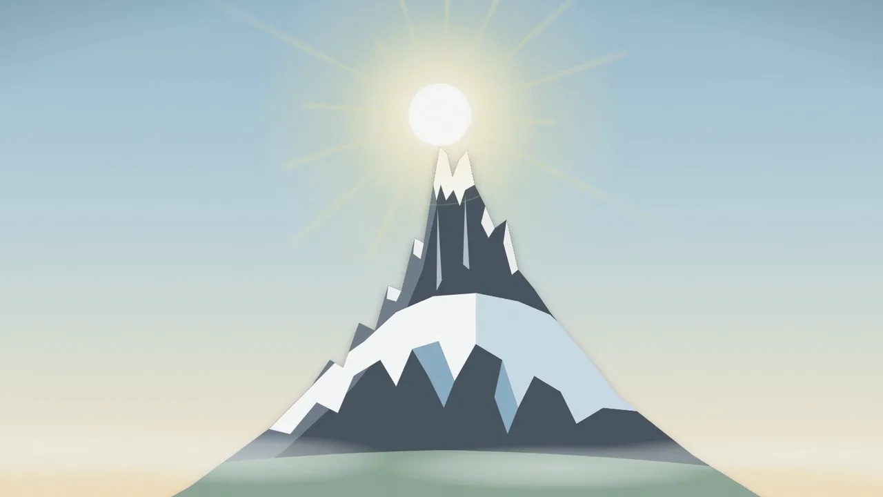Illustrated snowy peak of Mount Kenya (Kirinyaga) rising above green highland slopes, with a bright sun glowing just above the summit in a pale morning sky.