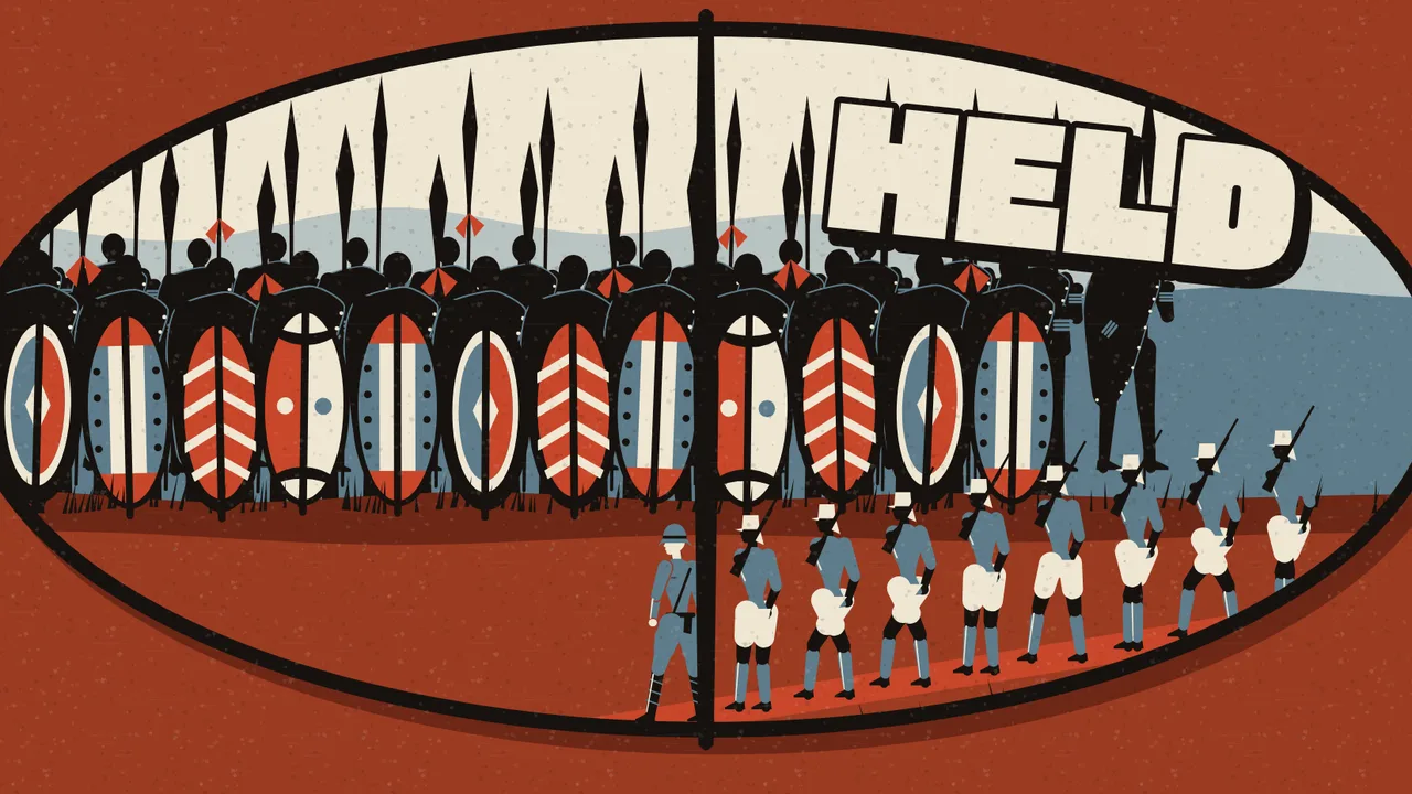 Flat illustration inside an oval frame: a wall of Nandi warriors with tall spears behind painted shields in red, white and grey-blue, the word HELD in bold letters above them, and a column of colonial soldiers marching past below.