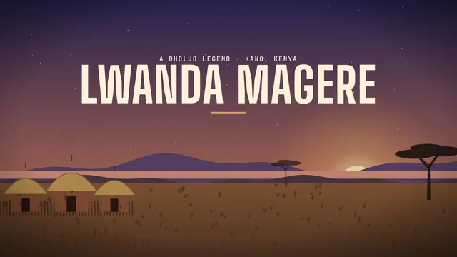 Title card reading Lwanda Magere, a Dholuo legend, Kano, Kenya, over thatched huts, acacia trees and the lake at dusk on the Kano plains.