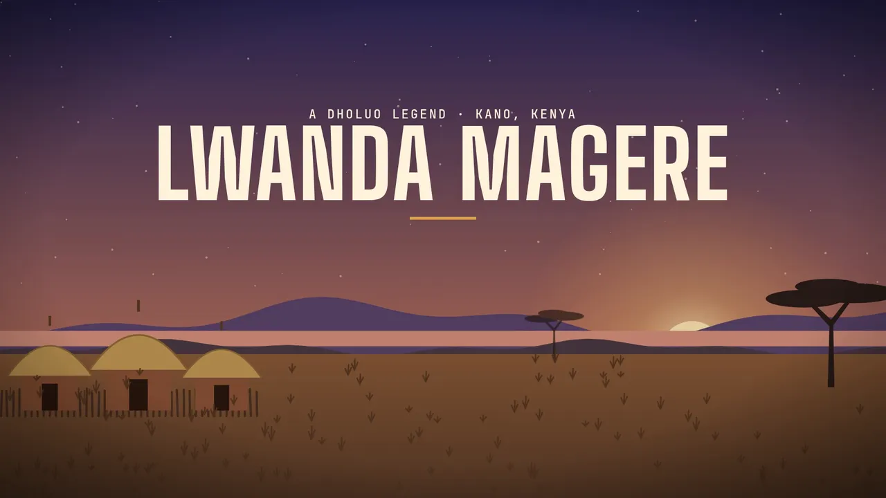 Title card reading Lwanda Magere, a Dholuo legend, Kano, Kenya, over thatched huts, acacia trees and the lake at dusk on the Kano plains.