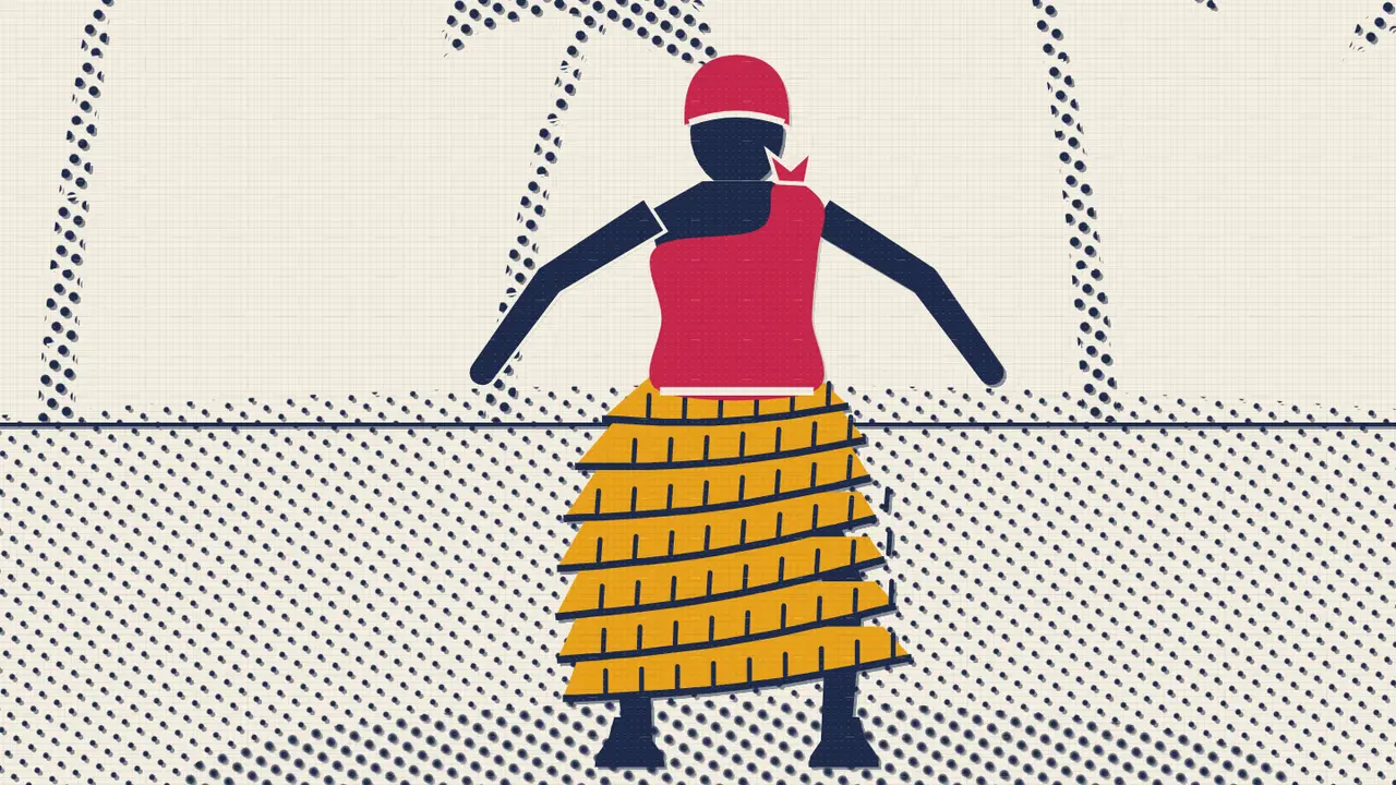 Kanga print style picture of Mekatilili dancing the kifudu, a Giriama woman in a red top, red headscarf and layered yellow skirt, arms spread wide, with dotted palm trees behind her.