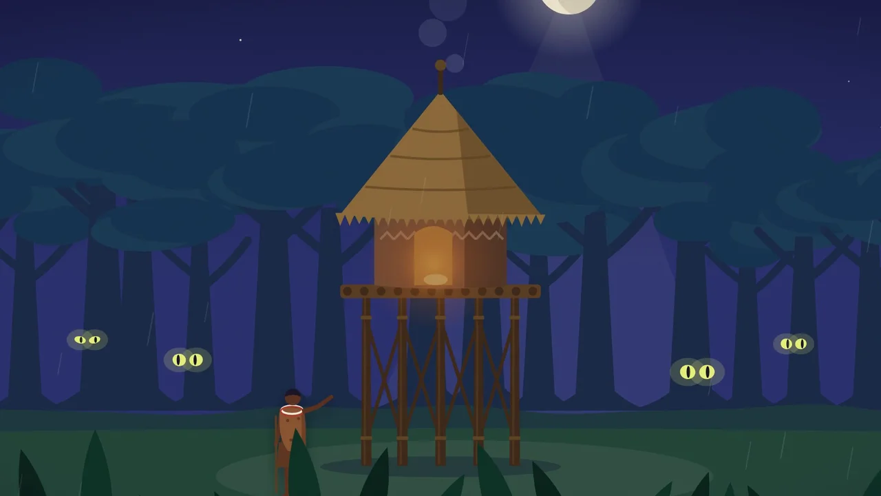 Illustrated thatched house on tall wooden stilts in a rainy night forest, its doorway glowing under the moon, while a man looks up at it and pairs of beasts' eyes shine in the dark trees.