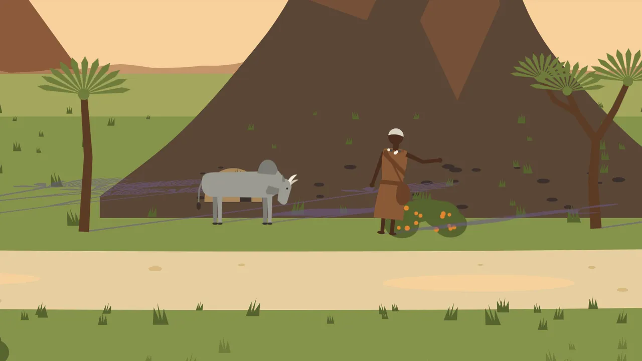 Flat illustration of the Tarach valley at the foot of a dark brown hill: a humped grey bull grazes beside Nayece, an old woman in a hide wrap with a white cap and a leather bag, who reaches toward a bush of orange wild fruit under doum palms.