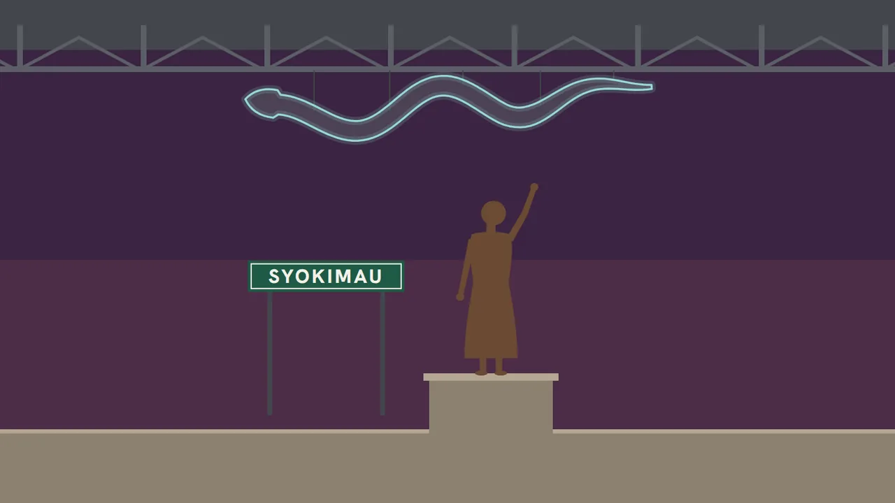Flat illustration of Syokimau railway station at night: a brown statue of Syokimau on a stone plinth raises one arm toward a glowing pale blue outline of a snake hanging from the steel roof, beside a green station sign that reads SYOKIMAU.
