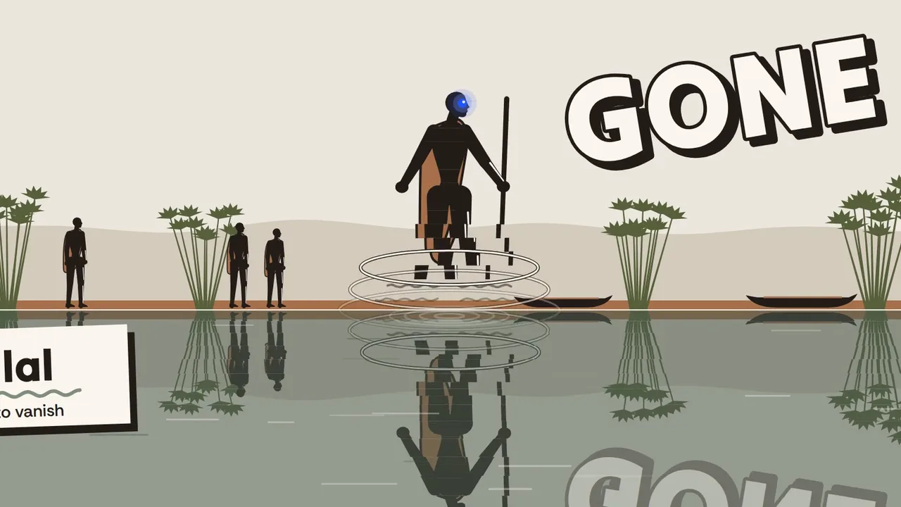 Flat illustration of Gor Mahia on the lake shore with glowing blue eyes and a staff, rings of ripples climbing his body as he vanishes, the word GONE in bold letters beside him, onlookers among the papyrus, his reflection in the still water and a card reading lal, to vanish.